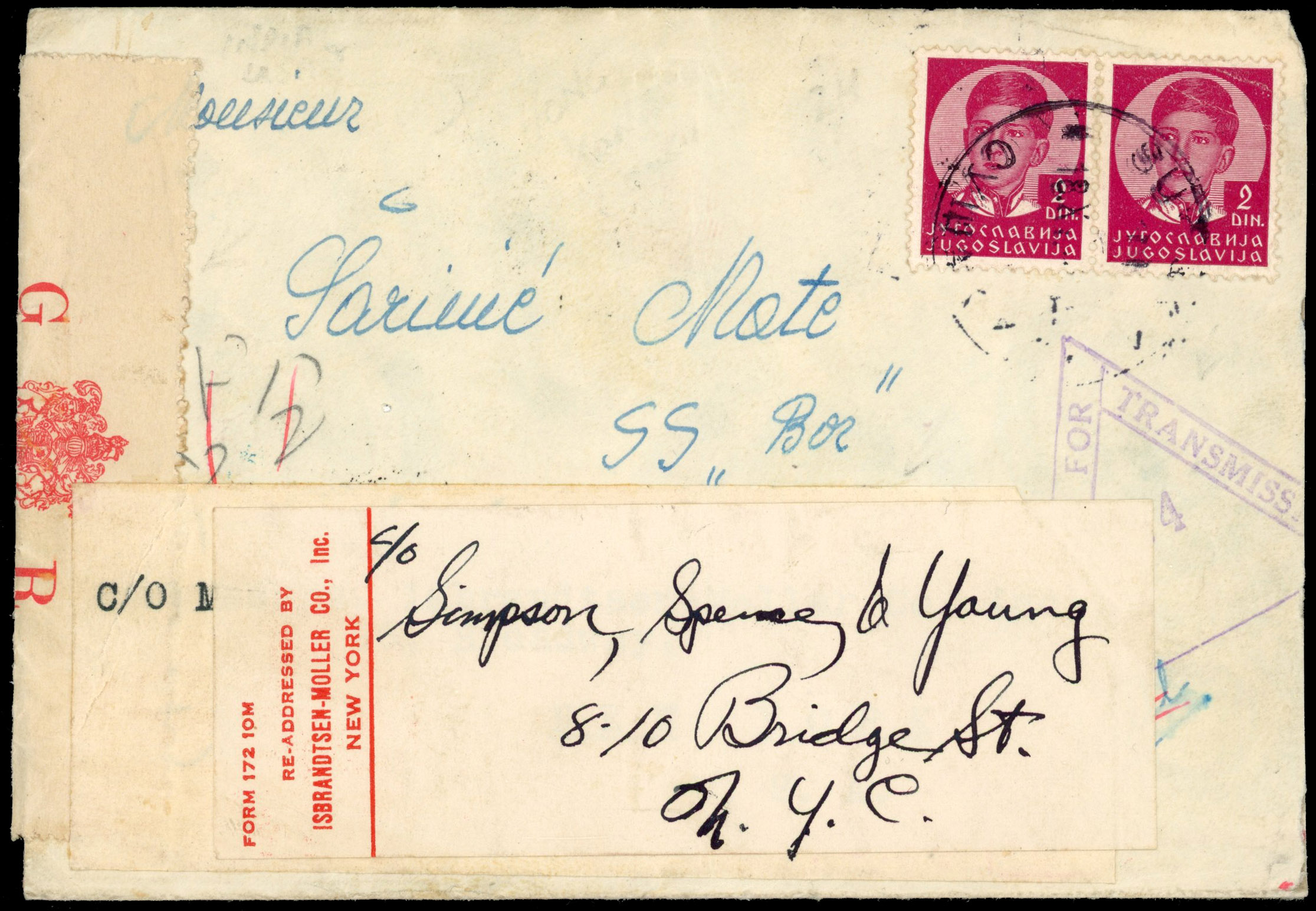 Hong Kong 1941 censor on redirected cover from Yugoslavia