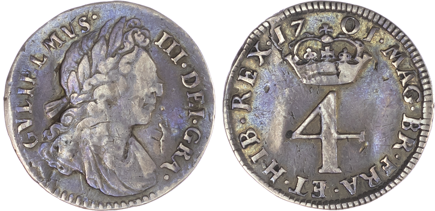 William III (1694-1702), Maundy Set, 1701, Fourpence, Threepence, Twopence, Penny, laureate and draped bust right, toothed