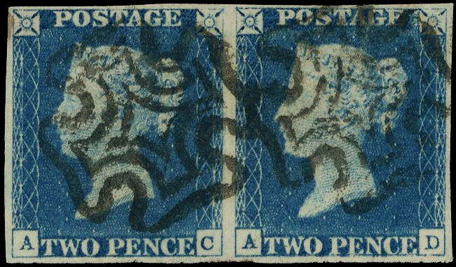 1840 2d blue, plate 1 (AC-AD), horizontal pair with close to good margins, cancelled