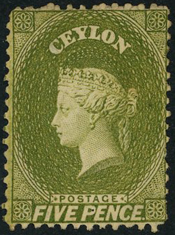 Ceylon 5d yellow-olive perf 12½, SG 54b, unused