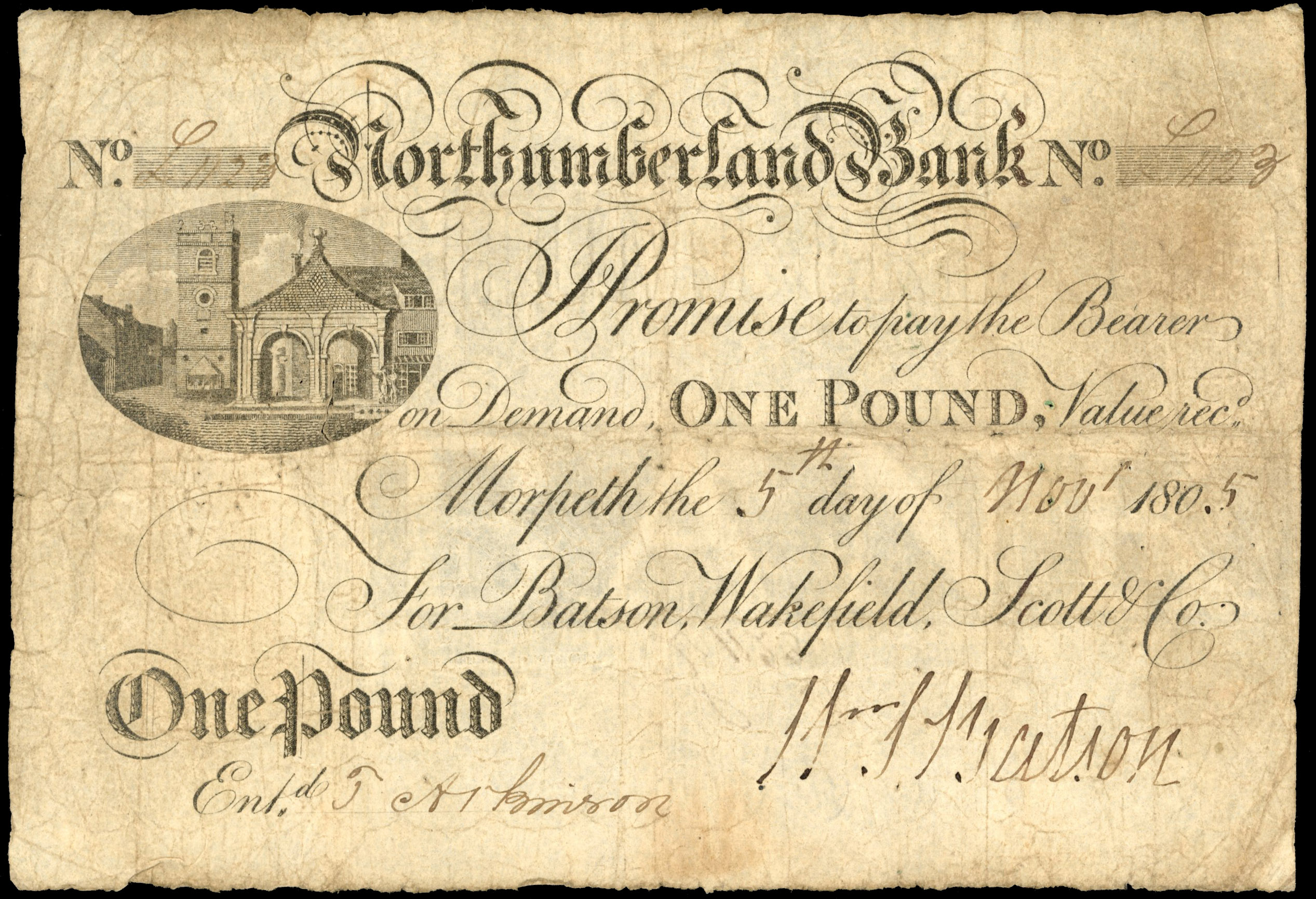 MORPETH, Northumberland bank, for Batson, Wakefield, Scott & Co. £1.,5 Nov 1805, signed W S Batson, serial no.…