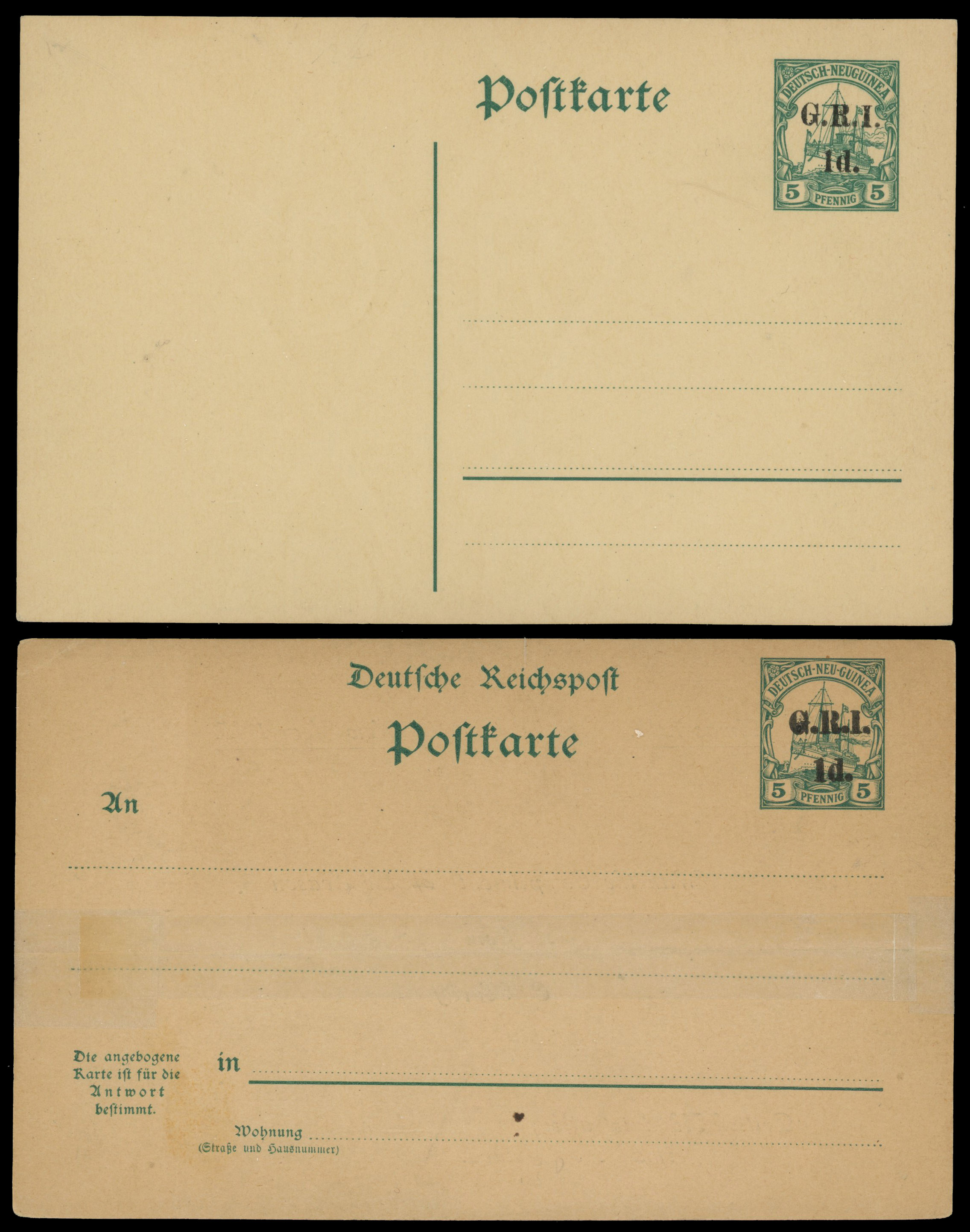 German New Guinea 1914-15 four unused postcards overprinted ‘G.R.I.