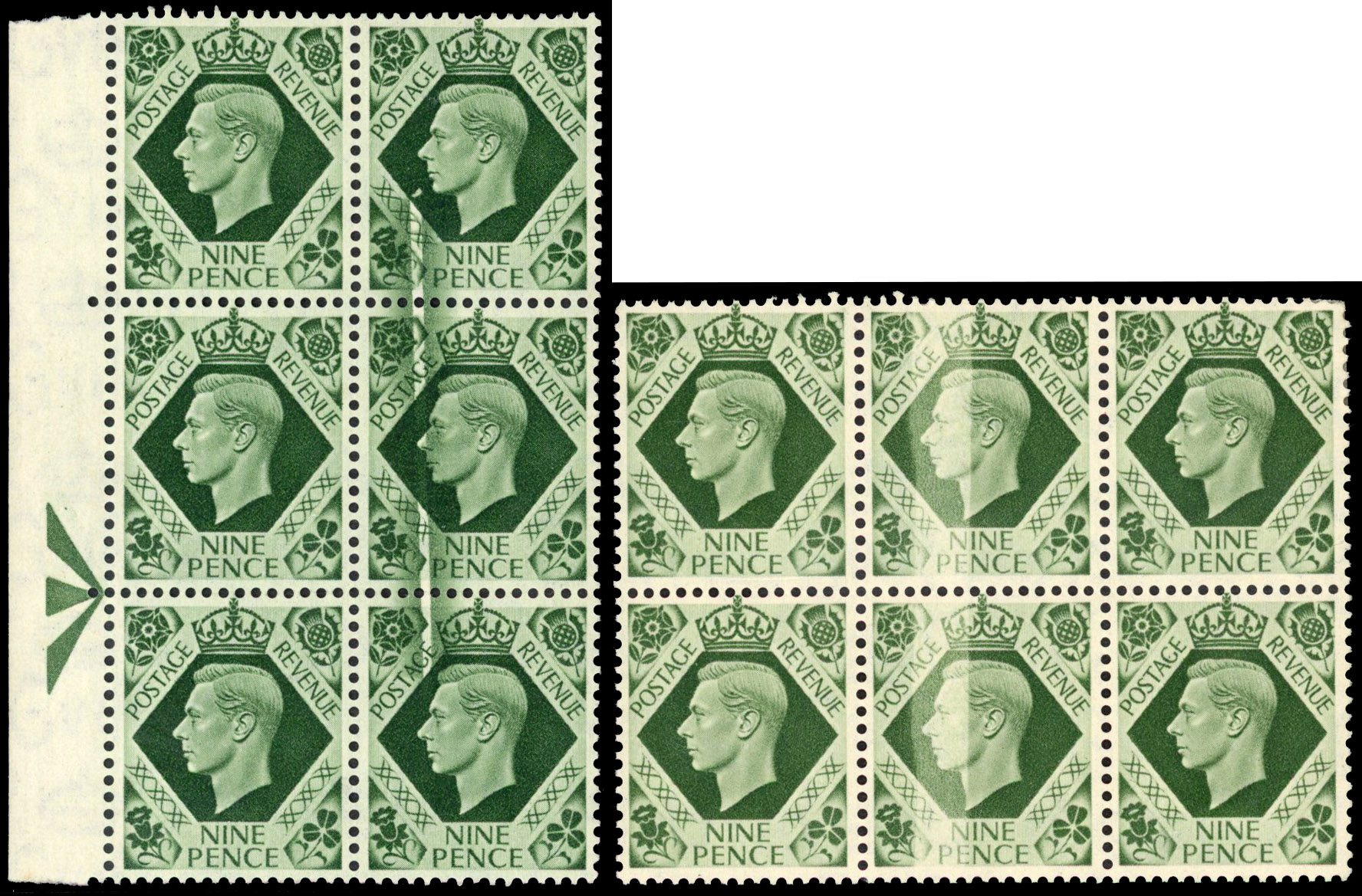 1939 9d Deep olive-green Doctor blade blocks mint (SG473var)
