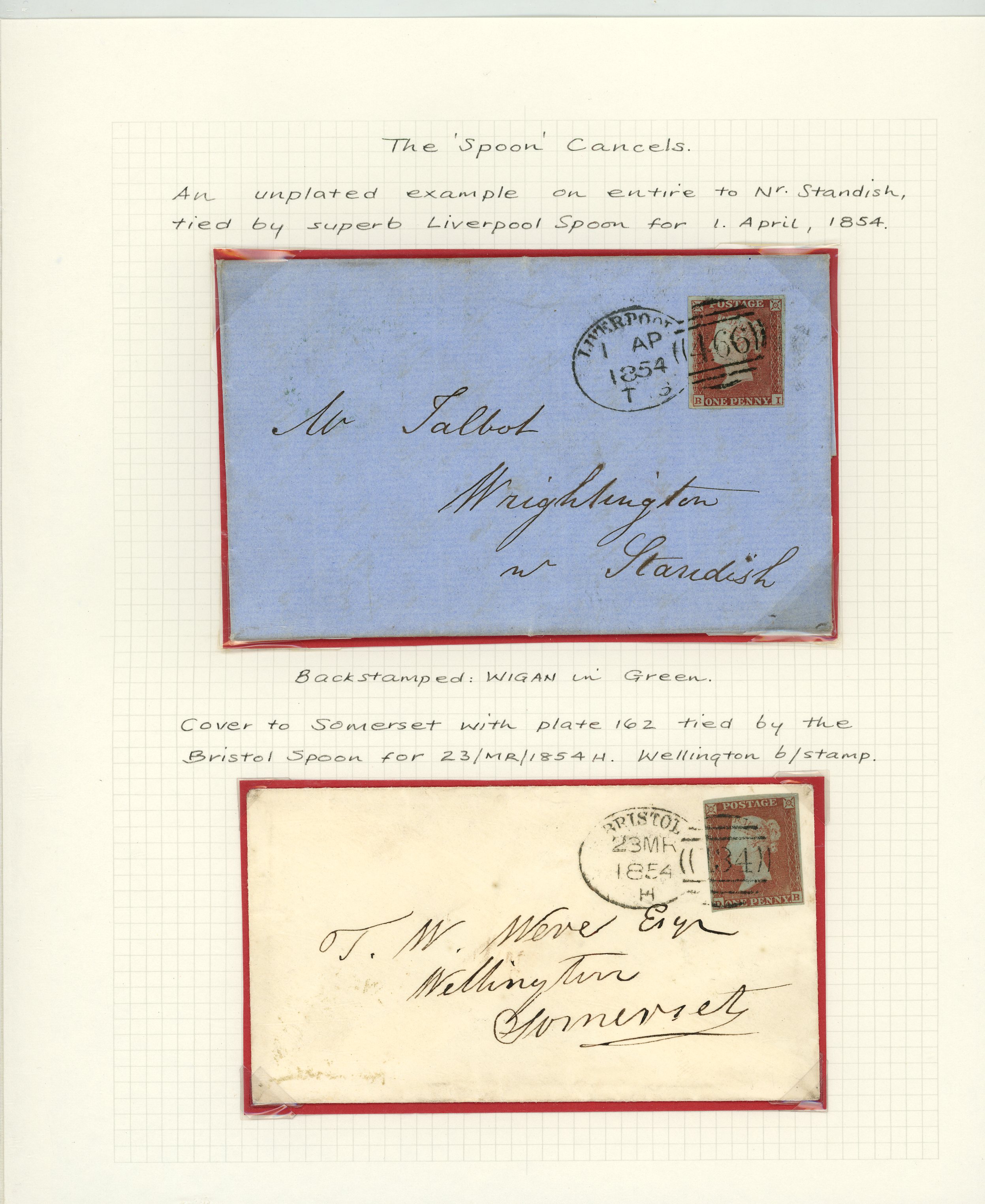 1841 1d Red-brown Pl.162 & Pl.166. Two Spoon covers