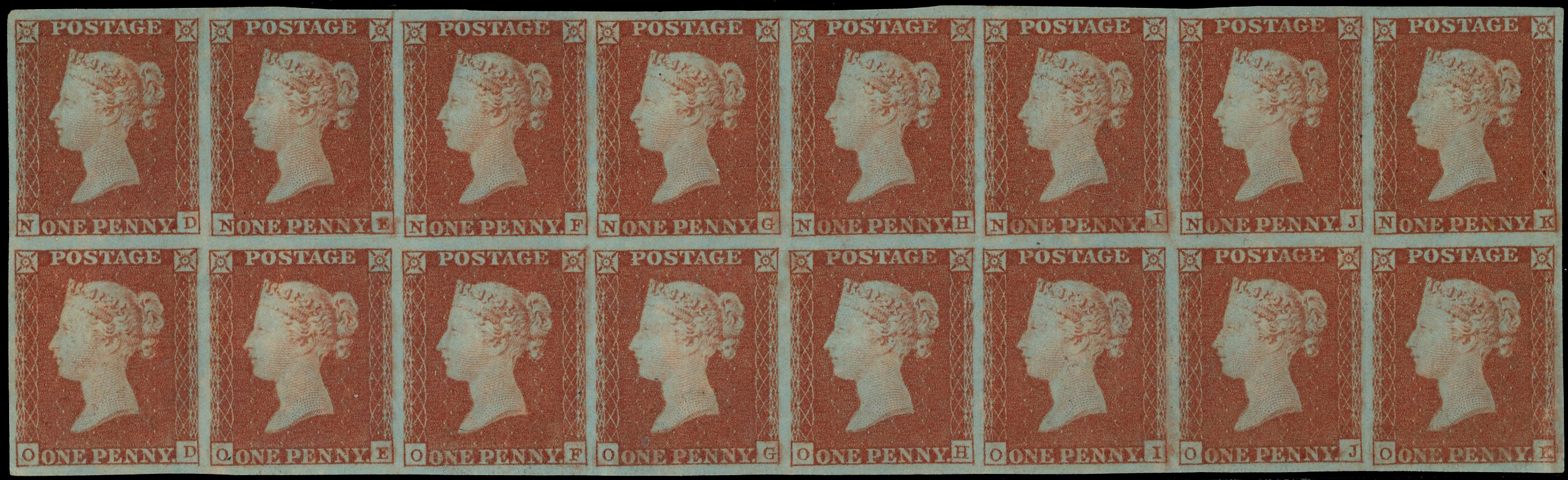GB: 1841 1d red brown plate 106, a four margin block of 16 (8x2) lettered ‘ND-OK’ a very scarce multiple