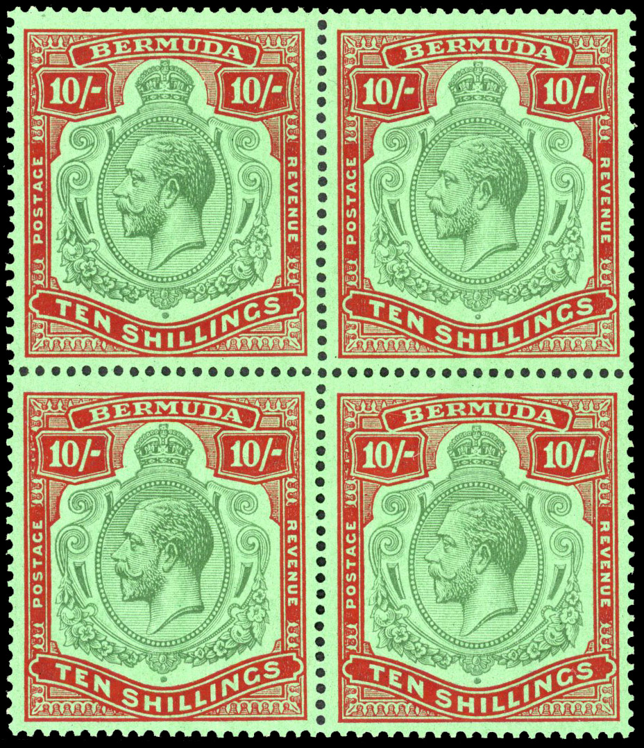 Bermuda 1924-32 10s green and red/deep emerald UM block of four