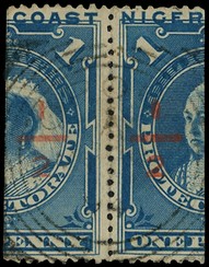 1894 surcharge '½' Type 15 on half of 1d dull blue pair used , Opobo squared circle cancel.  Right stamp with minor...