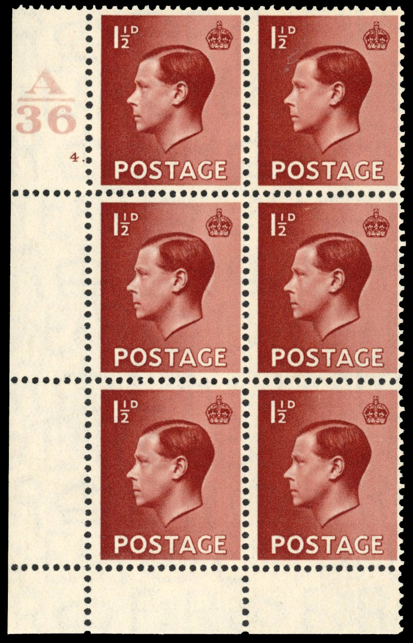 GB 1936 1½d red-brown, control block of six, perf Type 2a, SG 459var