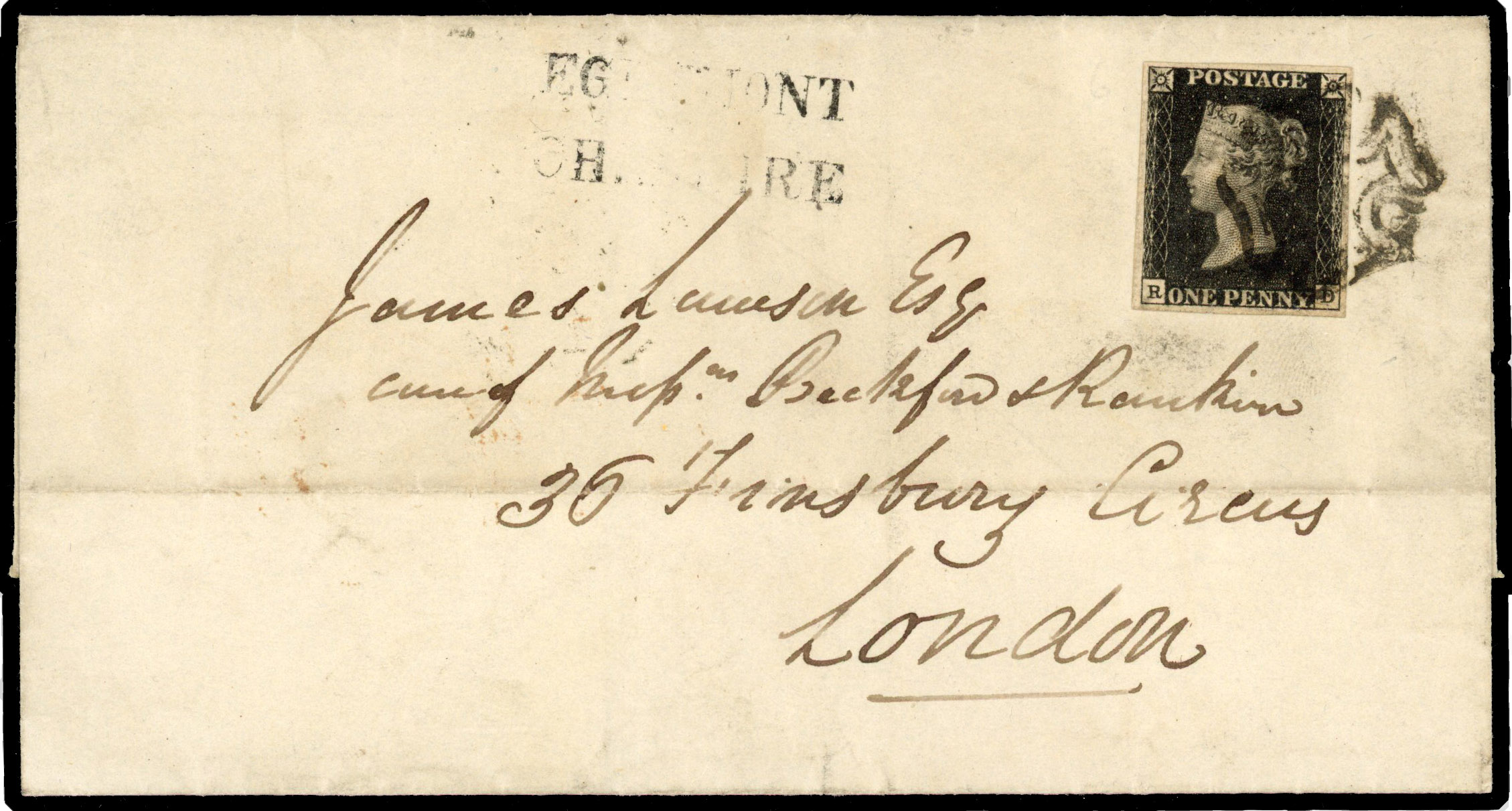 1840 1d Black Pl.6. (RD). Fine wrapper sent from Liverpool to London