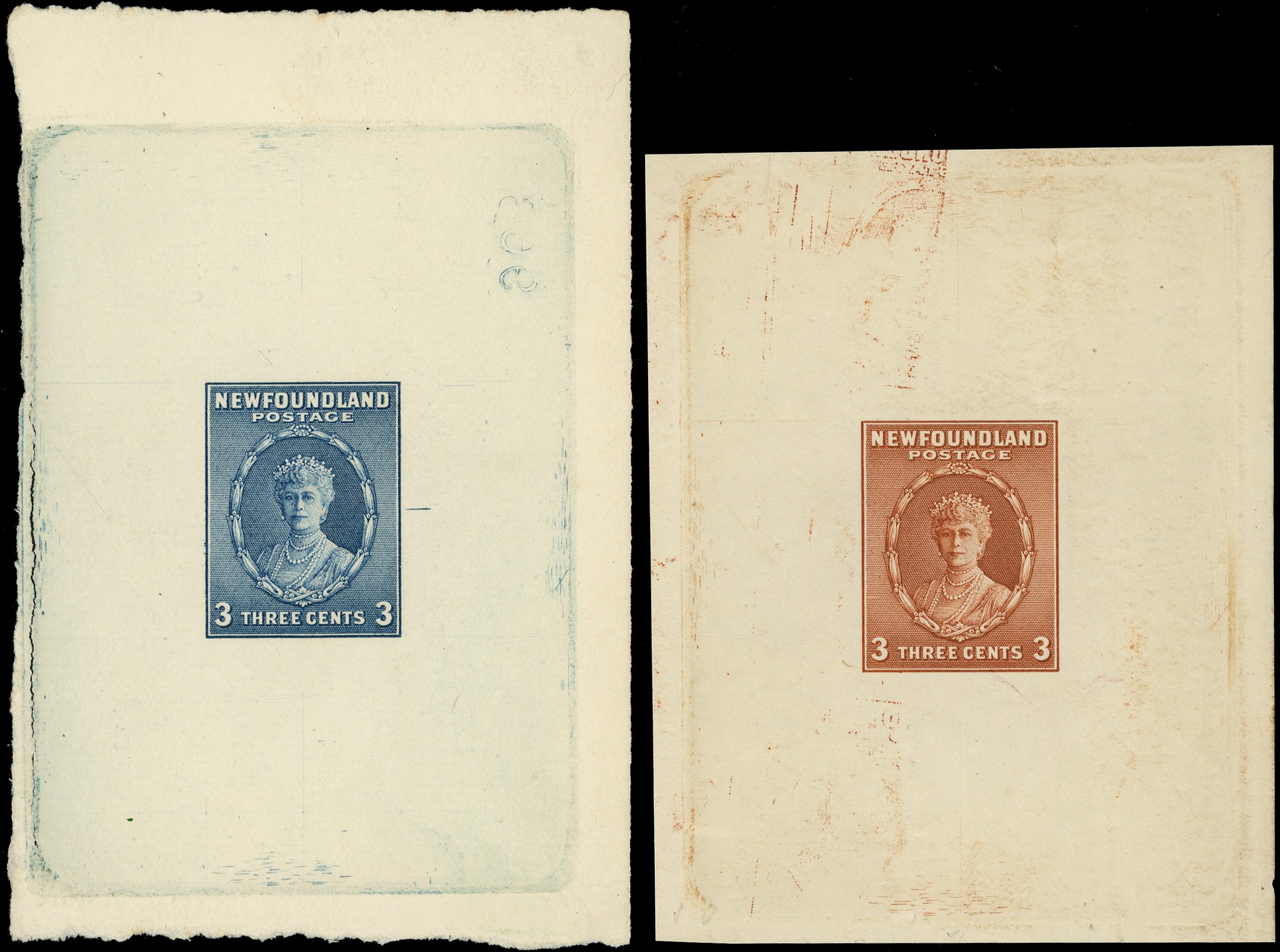 Newfoundland 1932 Resources 3ct Queen Mary die proofs in blue and orange-brown SG...