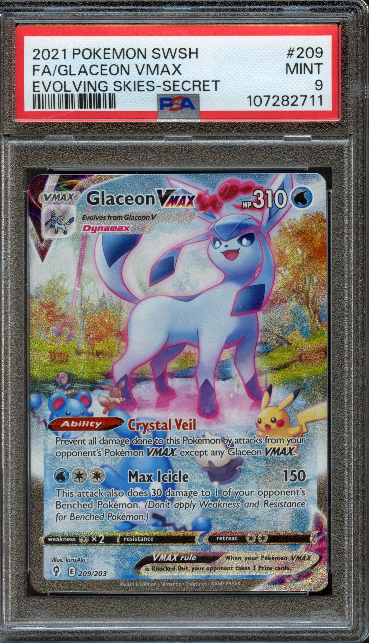 <p>PSA 9 Glaceon Vmax - Evolving Skies Secret #209</p>