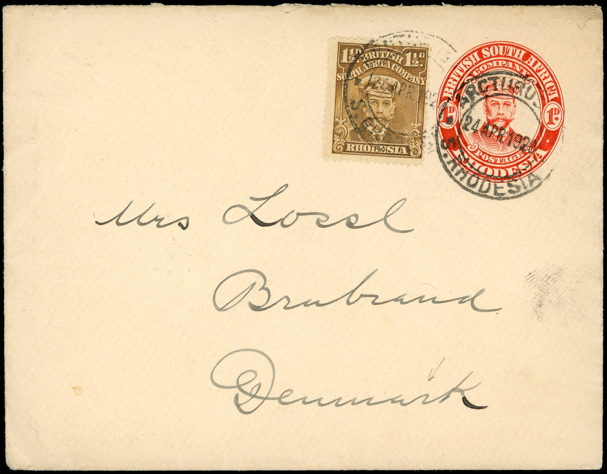 1920 1d red "Admiral" envelope used from Arcturus to Denmark