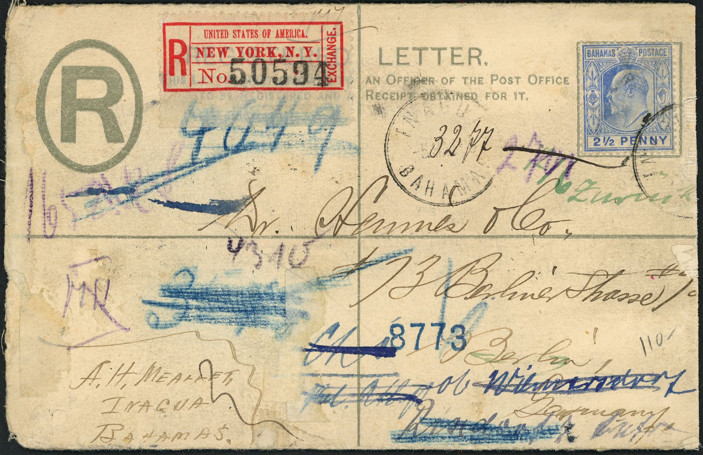 POSTAL HISTORY: 1906 registered envelope sent from Inagua, Bahamas. Addressed to Germany and forwarded multiple times