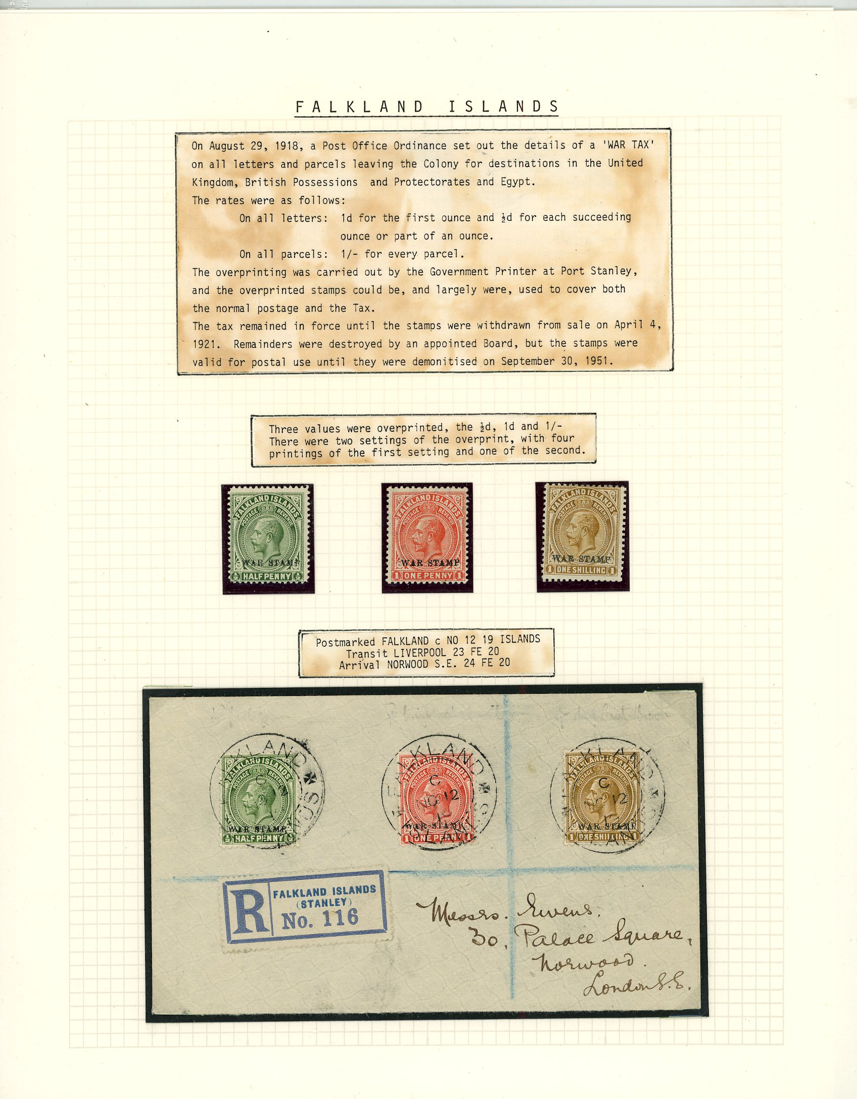 Falkland Islands 1918-20 ‘WAR STAMP’ overprints mainly mint selection arranged on display...