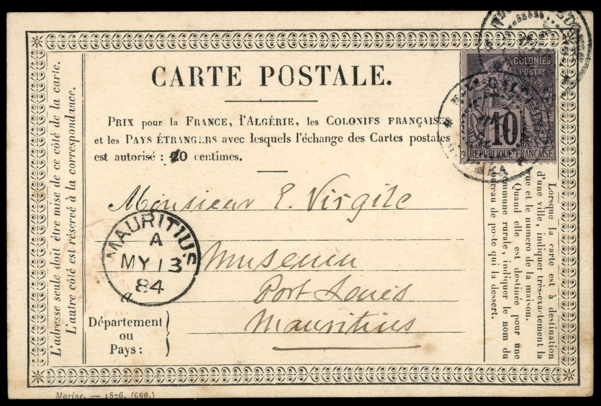 New Caledonia 1884 10c foerunner card from Noumea to Mauritius