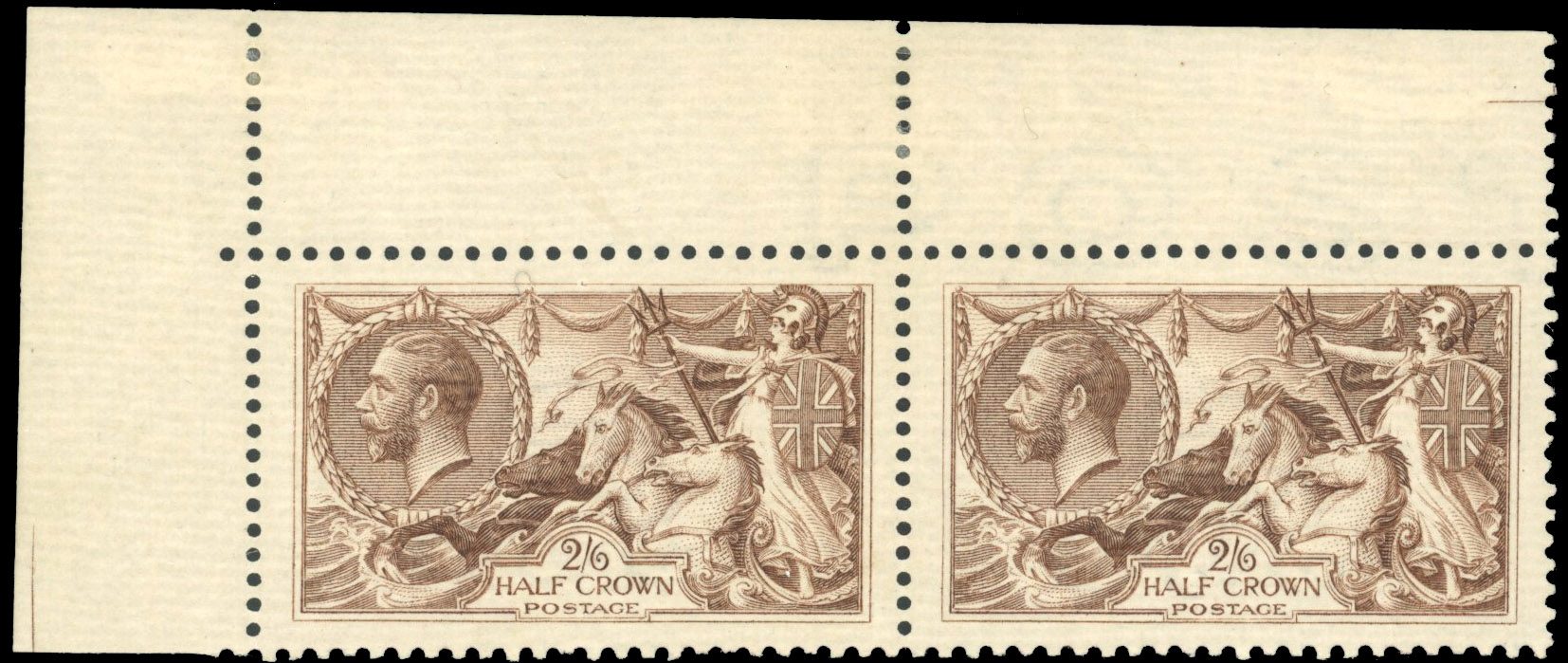 GB 1918-19 Bradbury, Wilkinson 2s6d pale brown, mint top left corner horizontal pair on ribbed paper