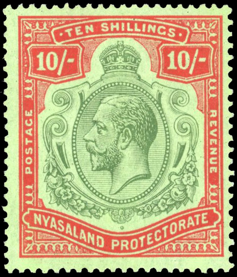 Nyasaland SG 113h 1927 10/- green and scarlet on emerald paper mint