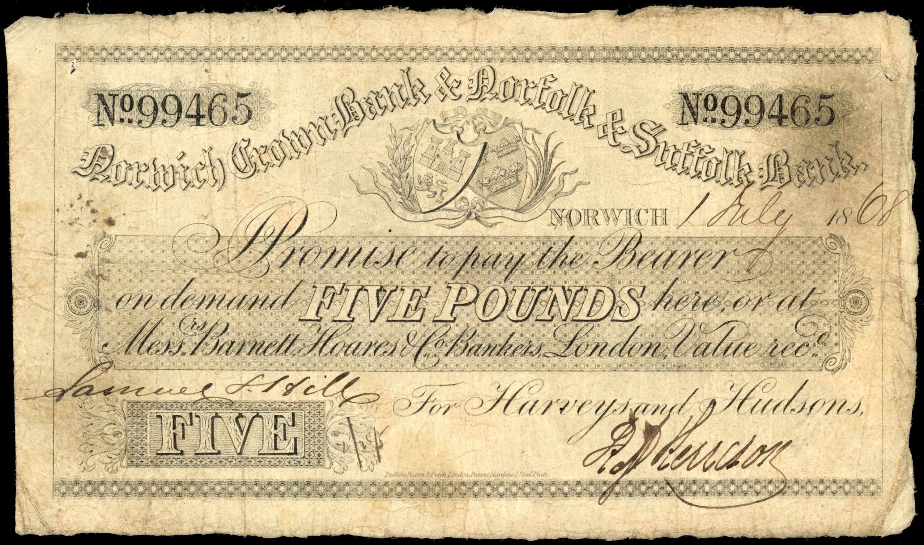 ORWICH, Norwich Crown Bank & Norfolk & Suffolk Bank for Harveys and Hudsons, £5.,1 July 1868, serial number 99…
