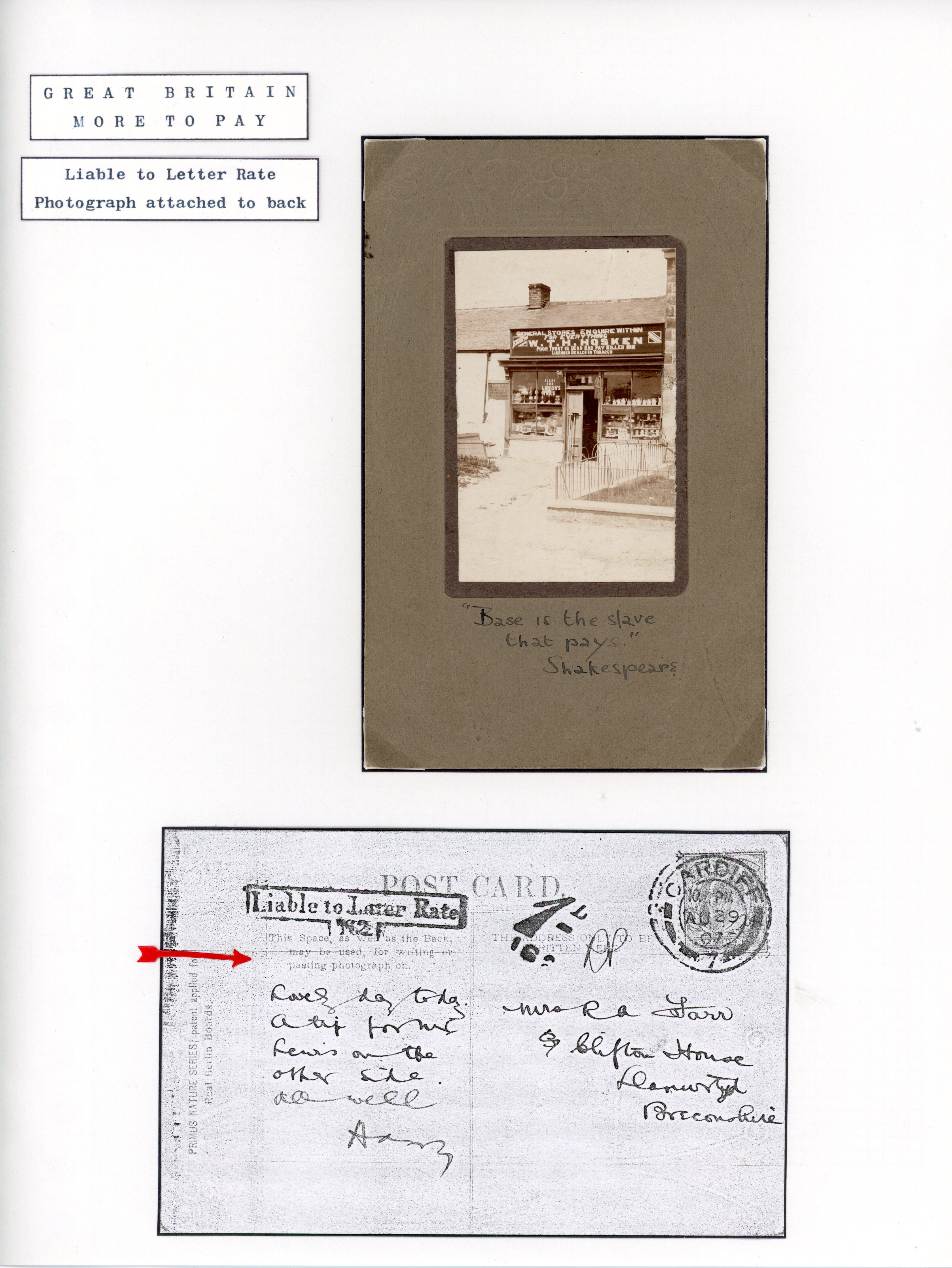 Great Britain 1907 novelty postcard with a photo of a shop attached