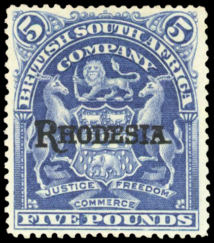 Rhodesia 1909-12 £5 deep blue opt RHODESIA