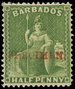 1875-80 ½d bright green, perf 14, H/S ‘SPECIMEN‘...