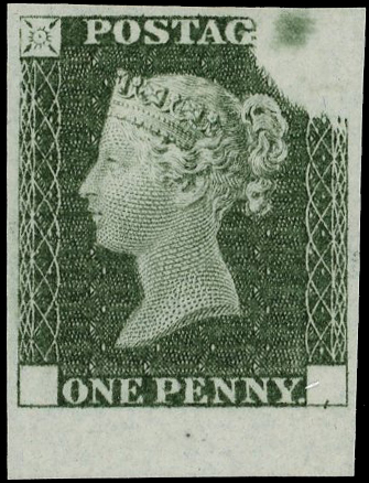 1840 1d Rainbow trial (State 3d) in dark olive-green on thick bluish laid paper.