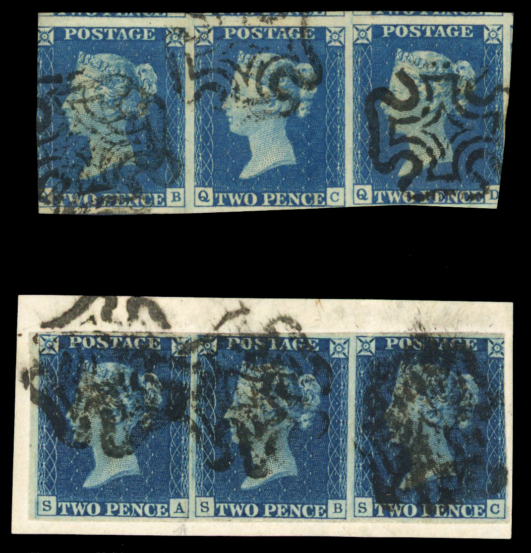 1840 2d blue, two strips of three, lettered QB-QD and SA-SC (on small piece)