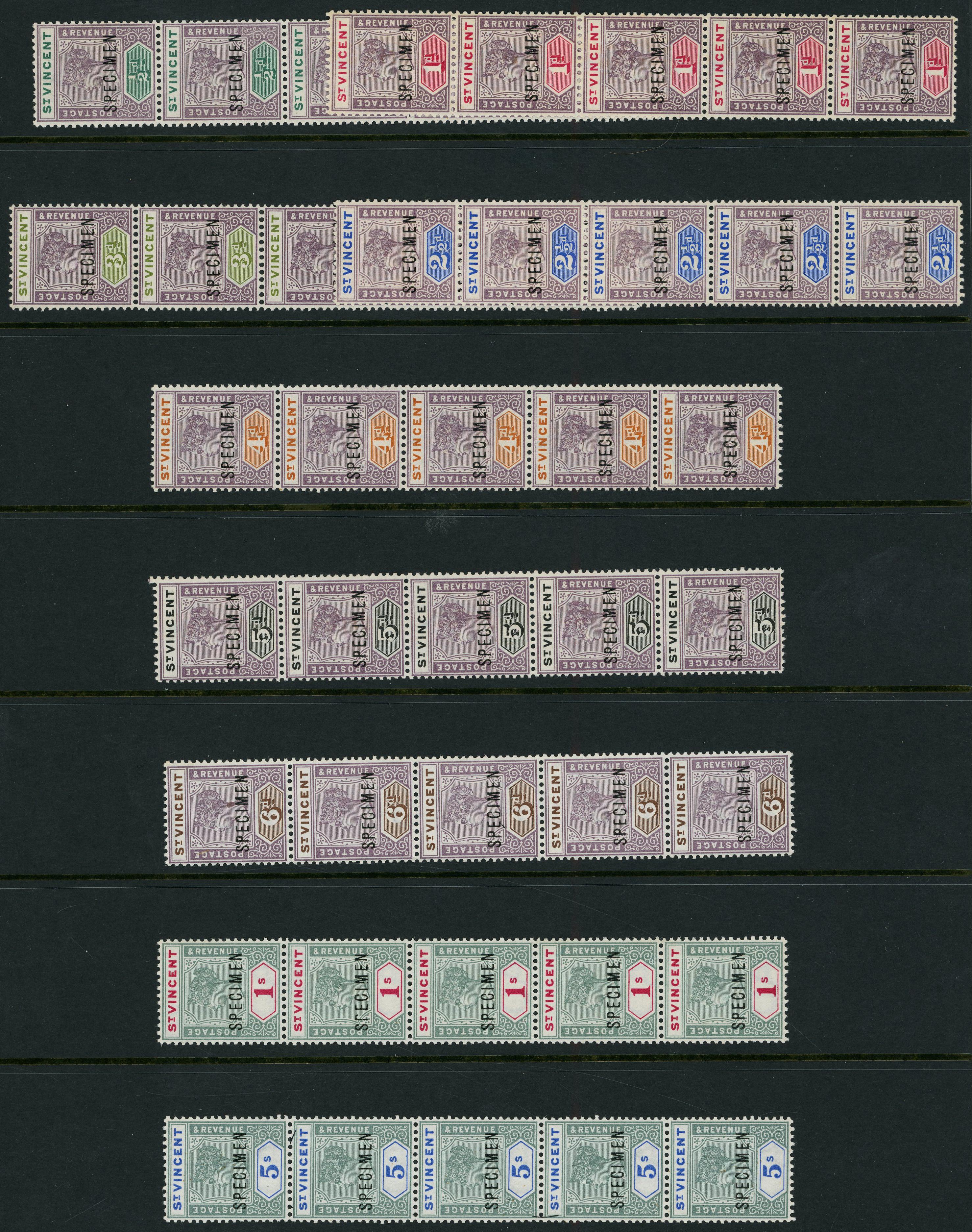 St Vincent 1899 set of nine strips of 5 Specimens SG 67s-75s