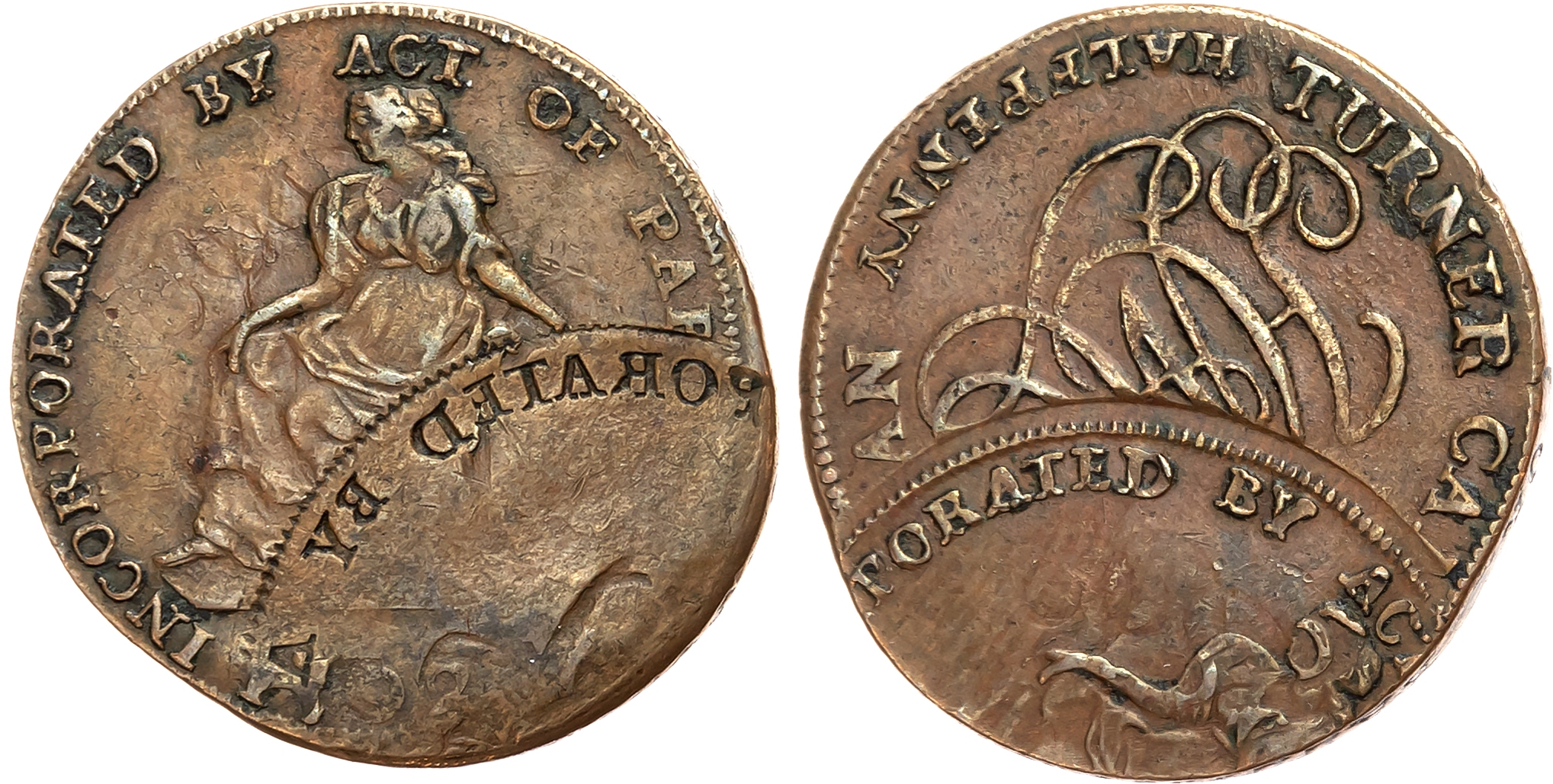 Co. Dub . Dublin , Turner Camac Chairman semi-brockage Halfpenny, Hibernia seated, rev. HMCo cypher, edge PAYABLE IN DUB …