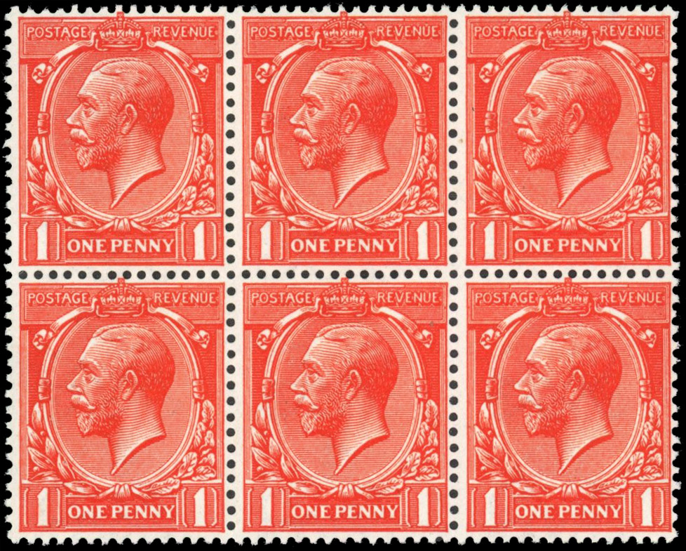 GB SG 358 1d deep orange-vermilion U/M block of six