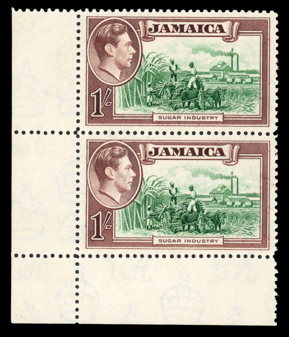 Jamaica SG 130a 1938-52 1/- repaired chimney pair mint