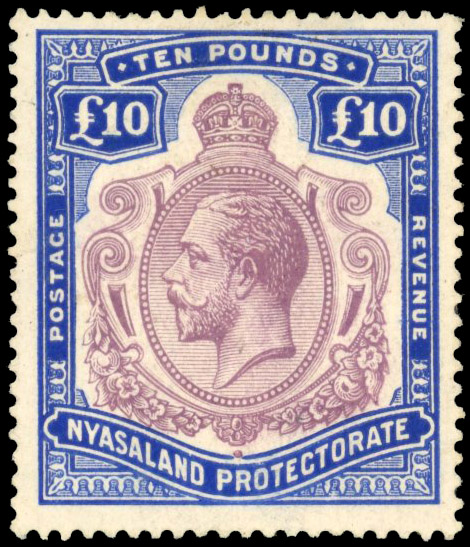 Nyasaland SG 99e 1919 £10 purple and royal blue mint
