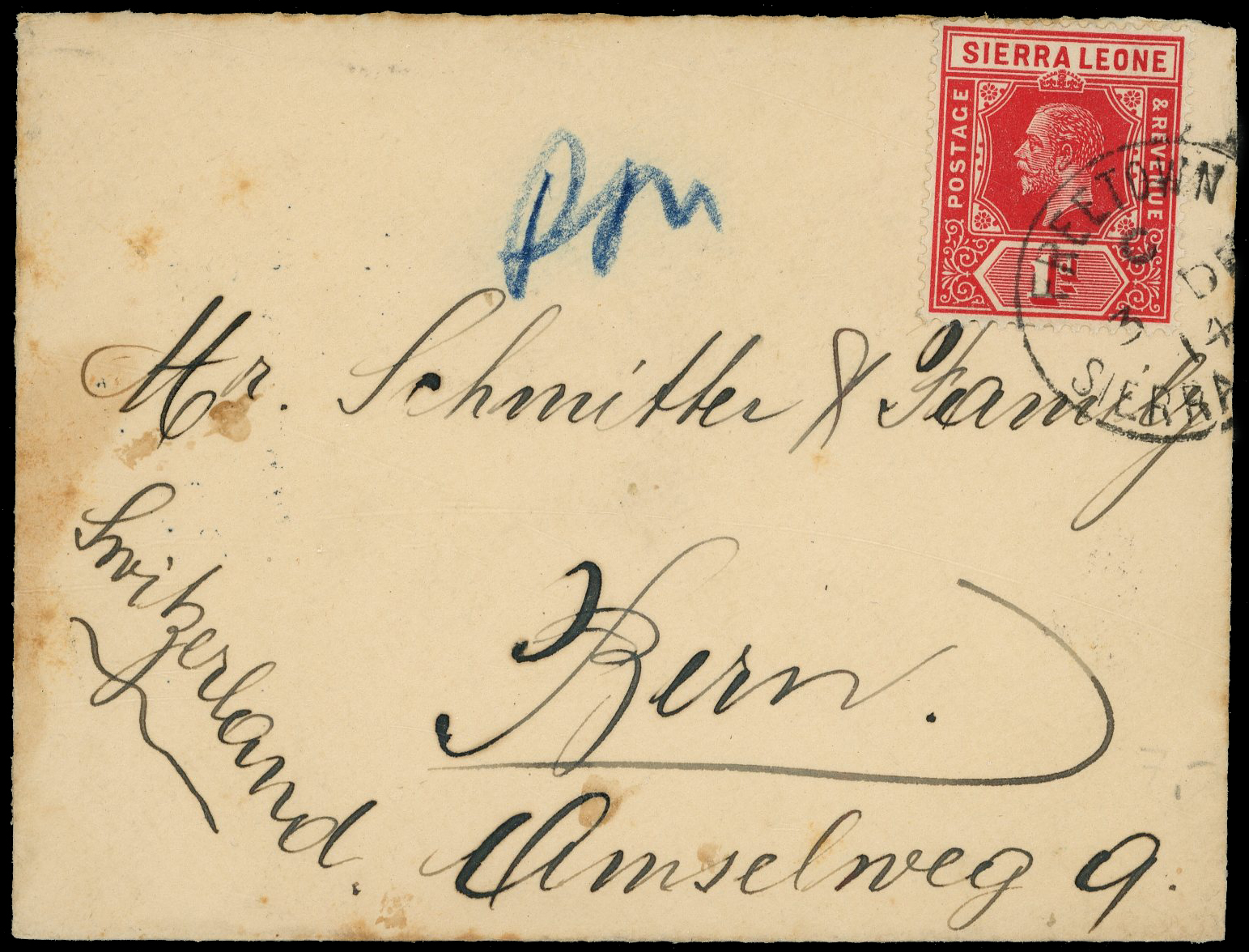 Sierra Leone POSTAL HISTORY: 1914 small envelope addressed to Switzerland. Added to R2000147/9