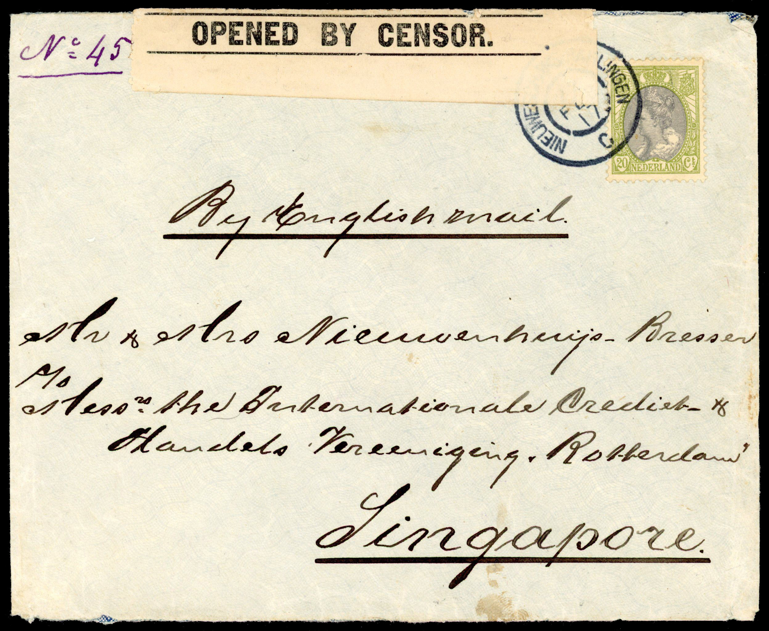 POSTAL HISTORY: 1917 incoming censored envelope from Netherlands to Singapore
