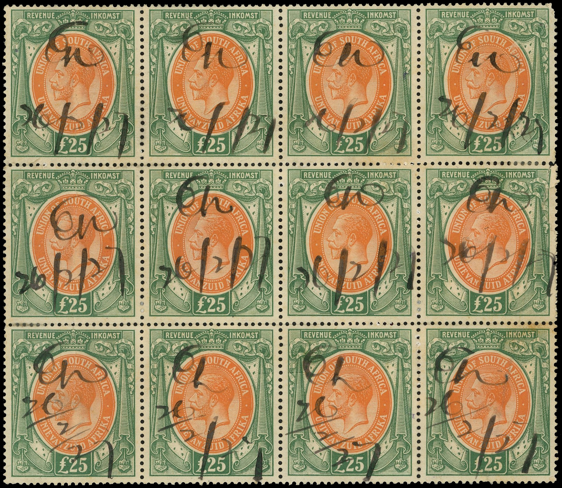 South Africa Revenue 1913 £25 orange and deep dull green B12
