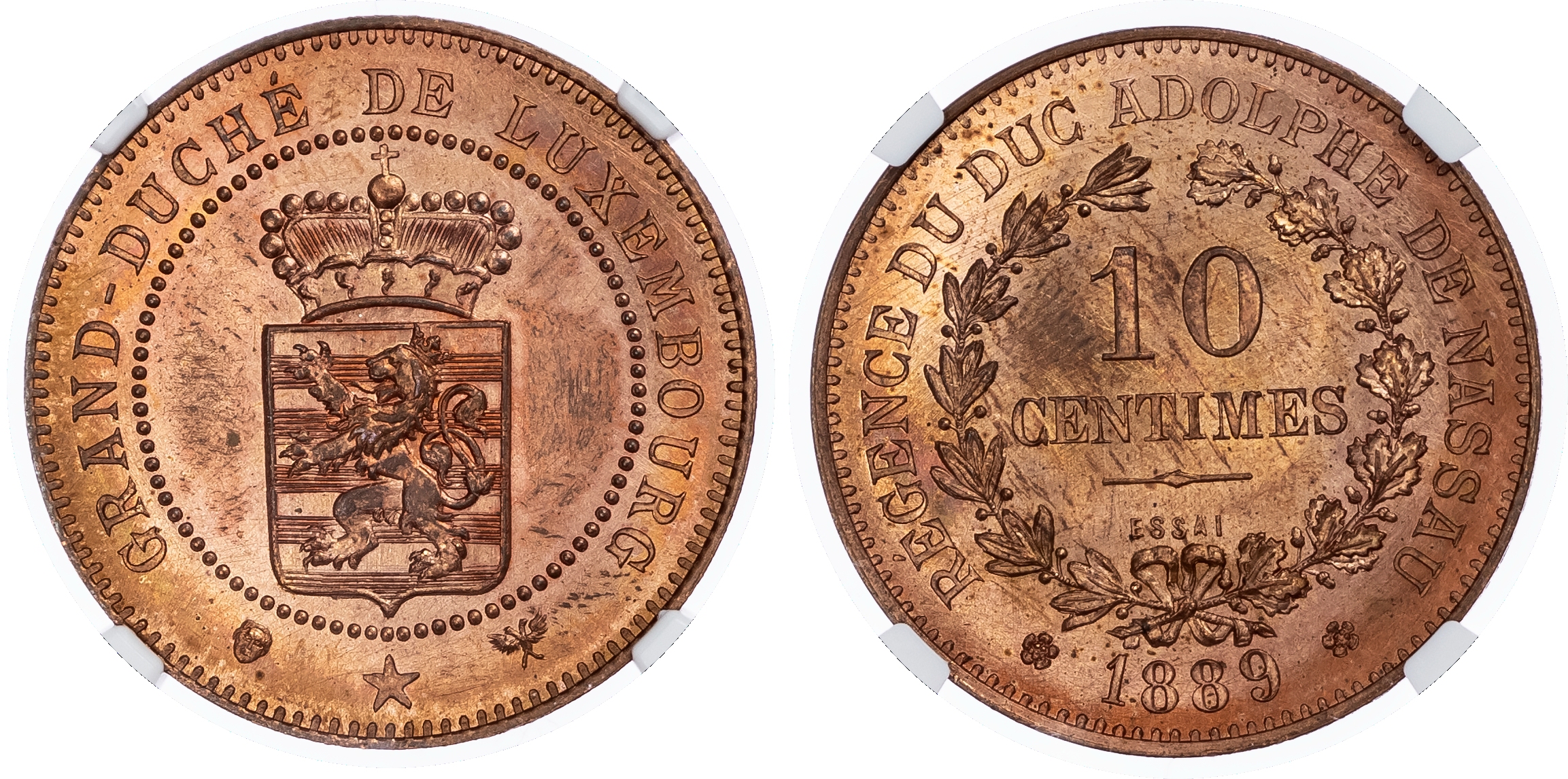 Luxembourg. Adolphus CU ESSAI 10 Centimes. 1889. Large Shield. 