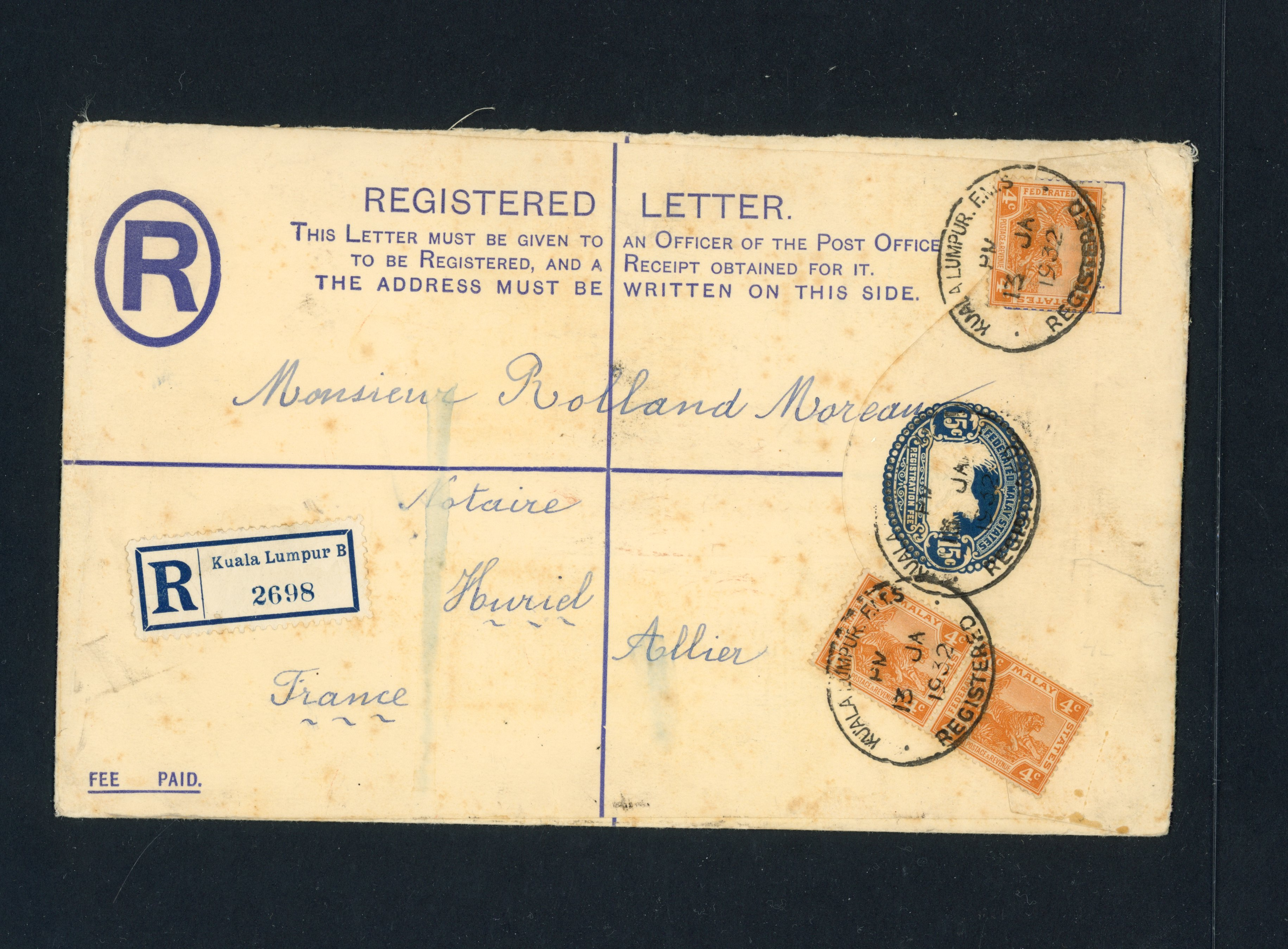 Federated Malay States 1932 15c blue registered envelope (202-127mm)(UPSS RE24 H, MI-1A) to France uprated