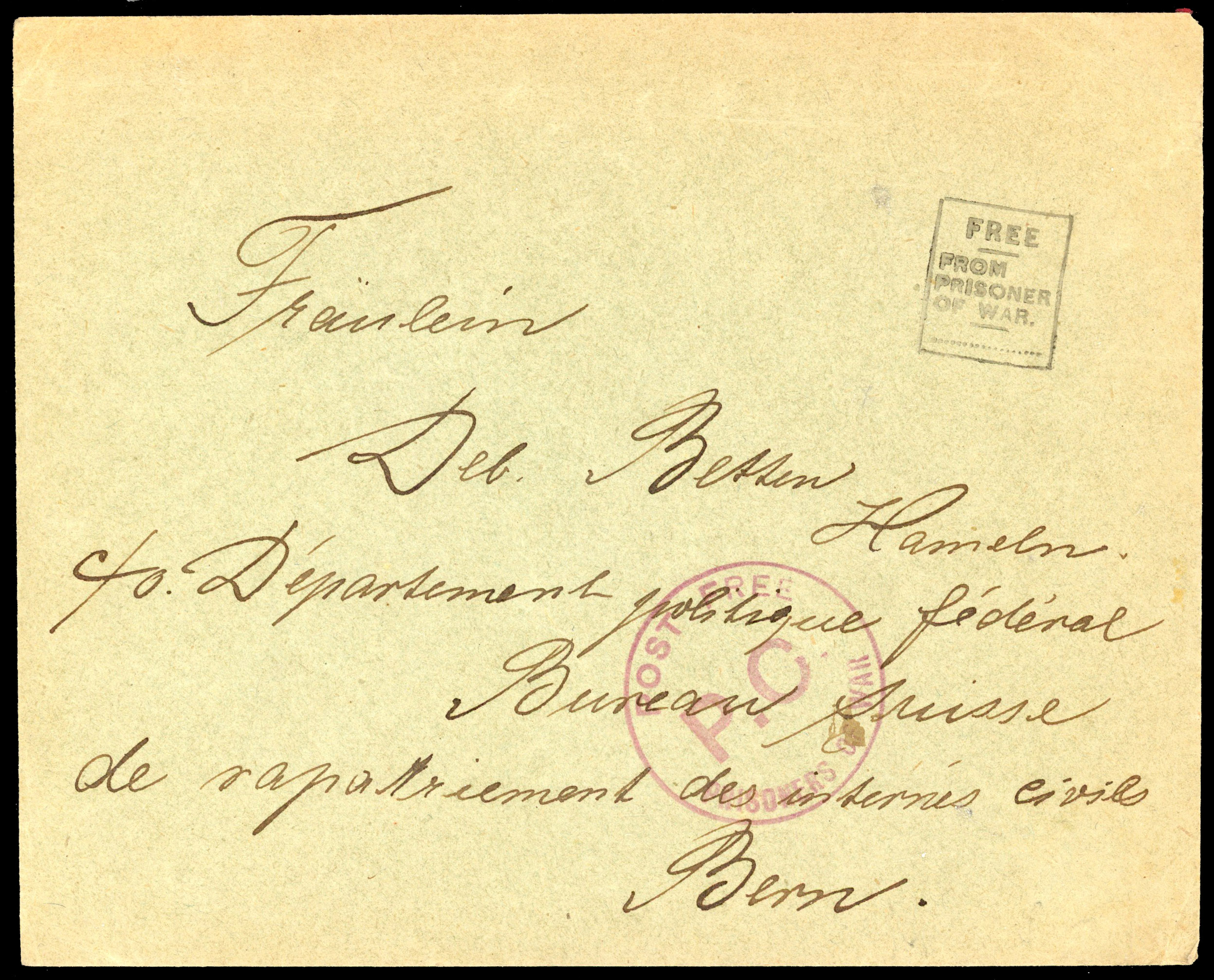 MALTA: 1915 stampless cover from German PoW with Malta black, boxed “FREE/FROM/PRISONER/OF WAR”