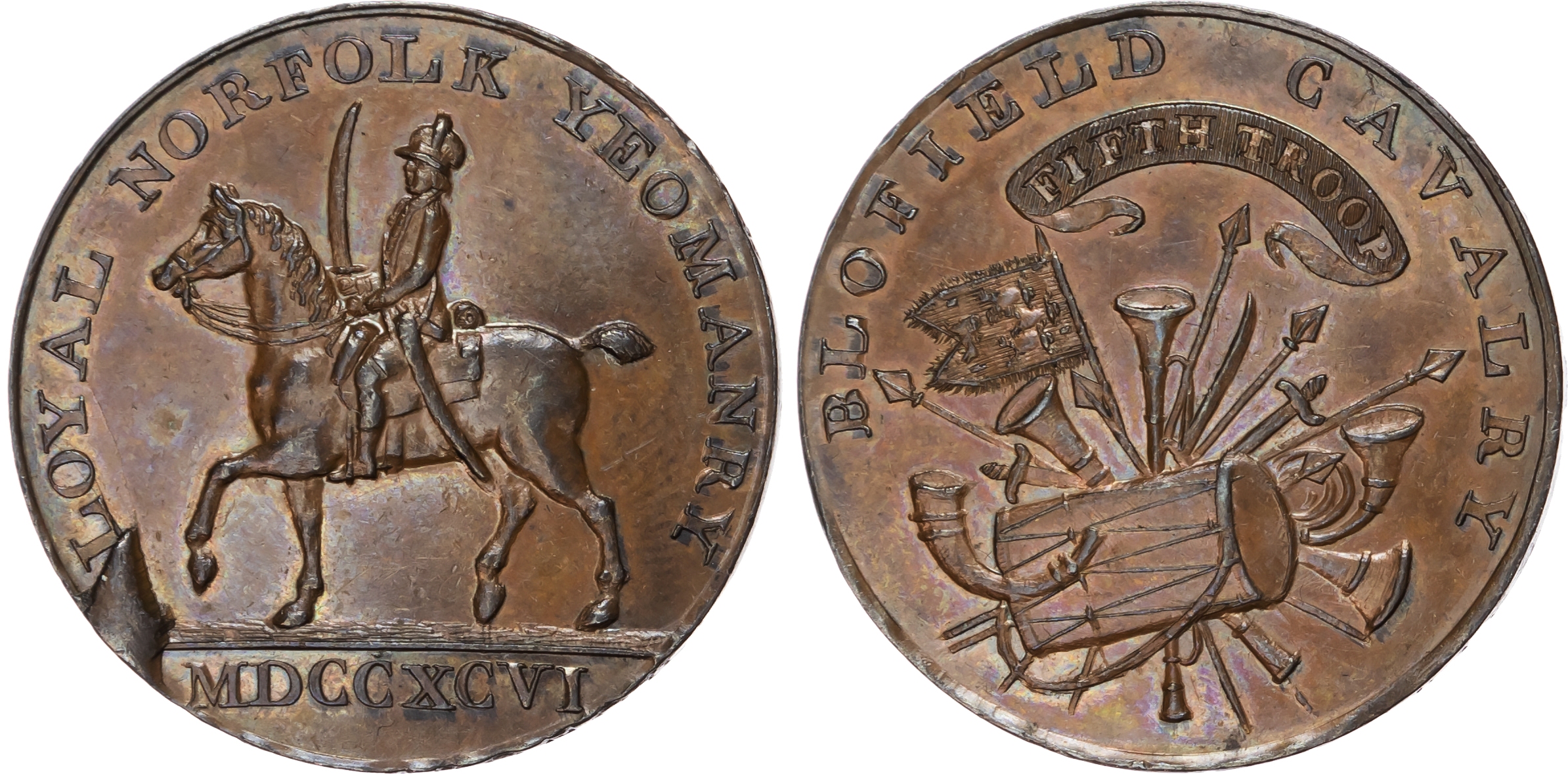Norf . Blofield, Kempson’s Halfpenny for the Norfolk Yeomanry 1796, Mounted dragoon, rev. arms and musical ins…