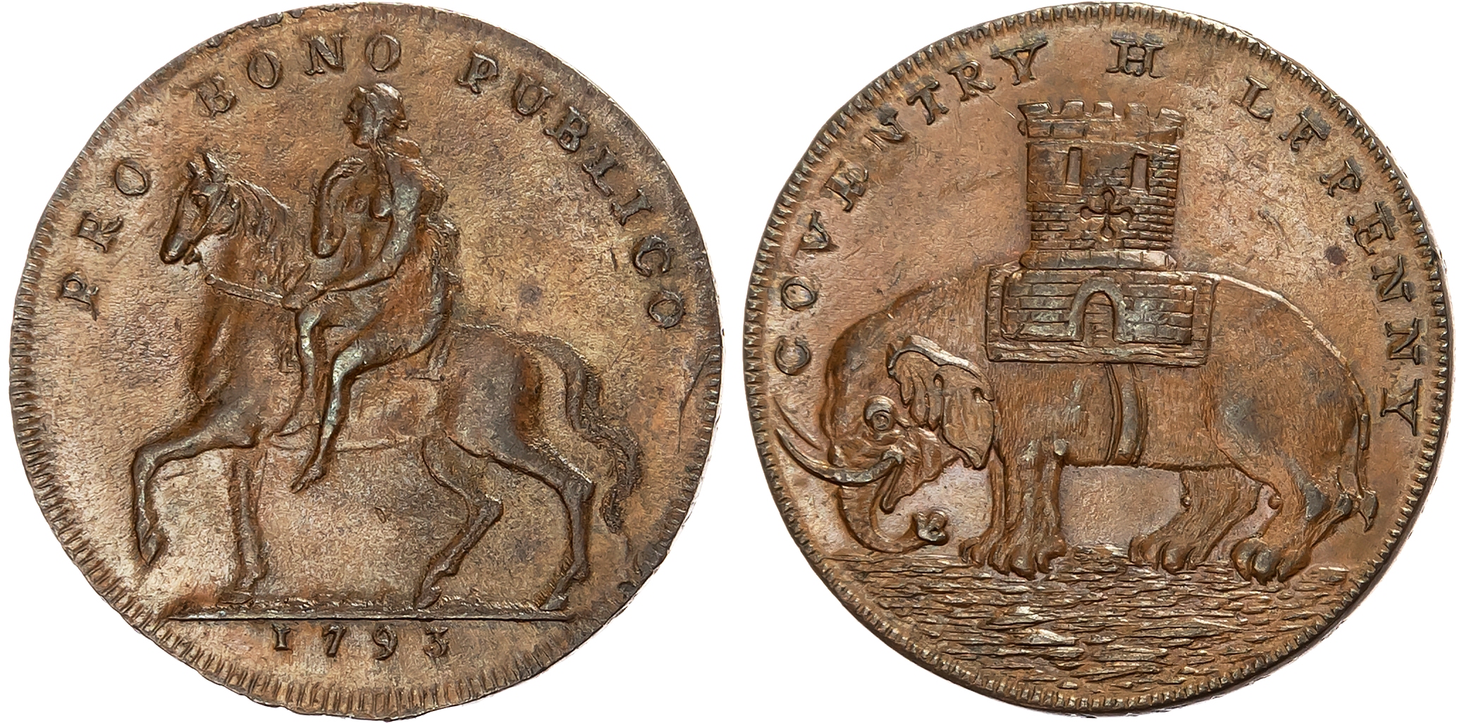 Warks. Coventry , Contemporary counterfeit of Robert Reynolds & Co. Halfpenny 1793, Lady Godiva on horse, rev. Coventry …