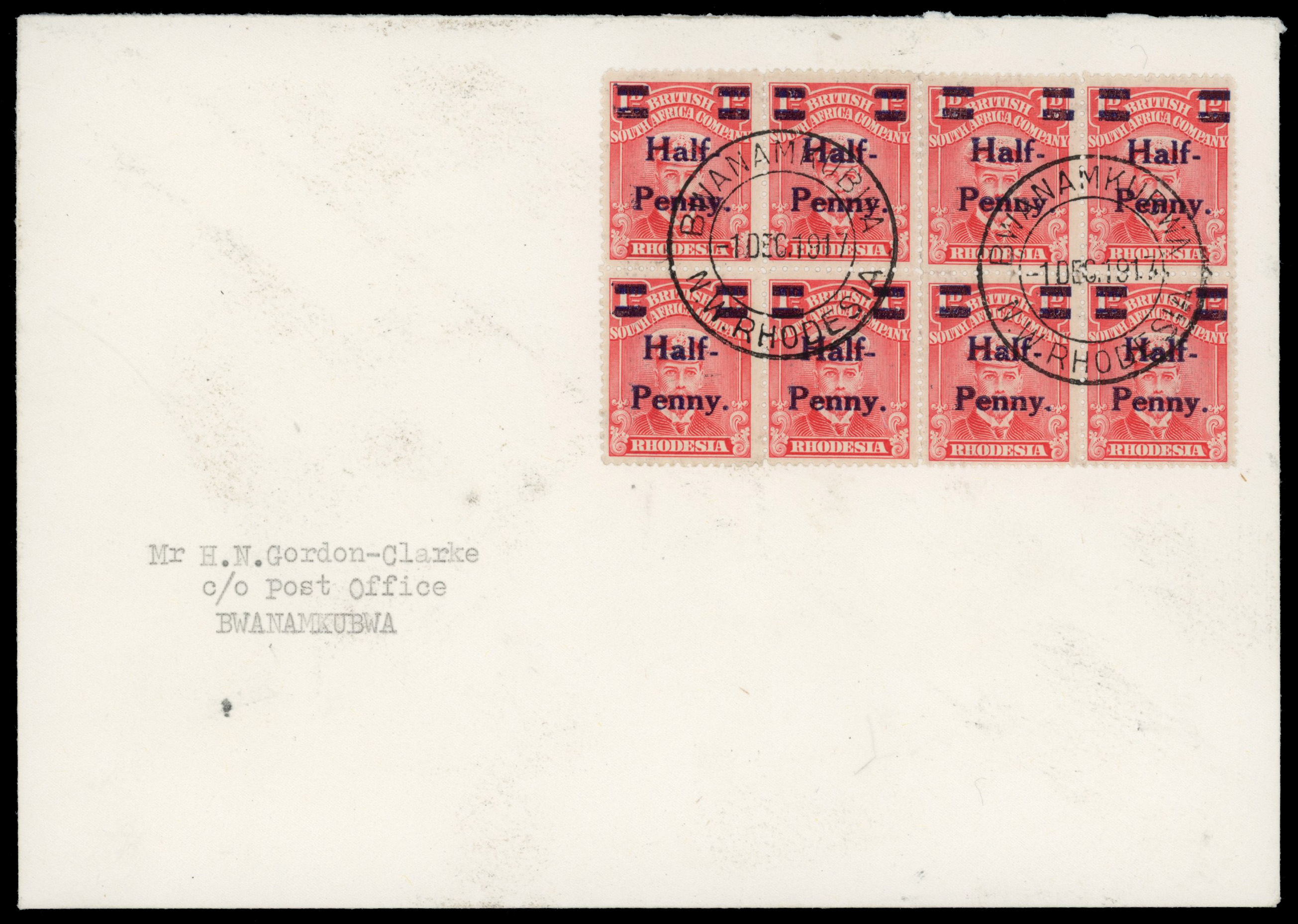 Rhodesia SG 281 ½d on 1d 1917 cover