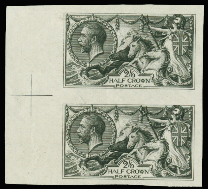 Great Britain 1913 2s6d "Seahorse" colour trial. Very fine imperforate left hand marginal vertical pair printed by…