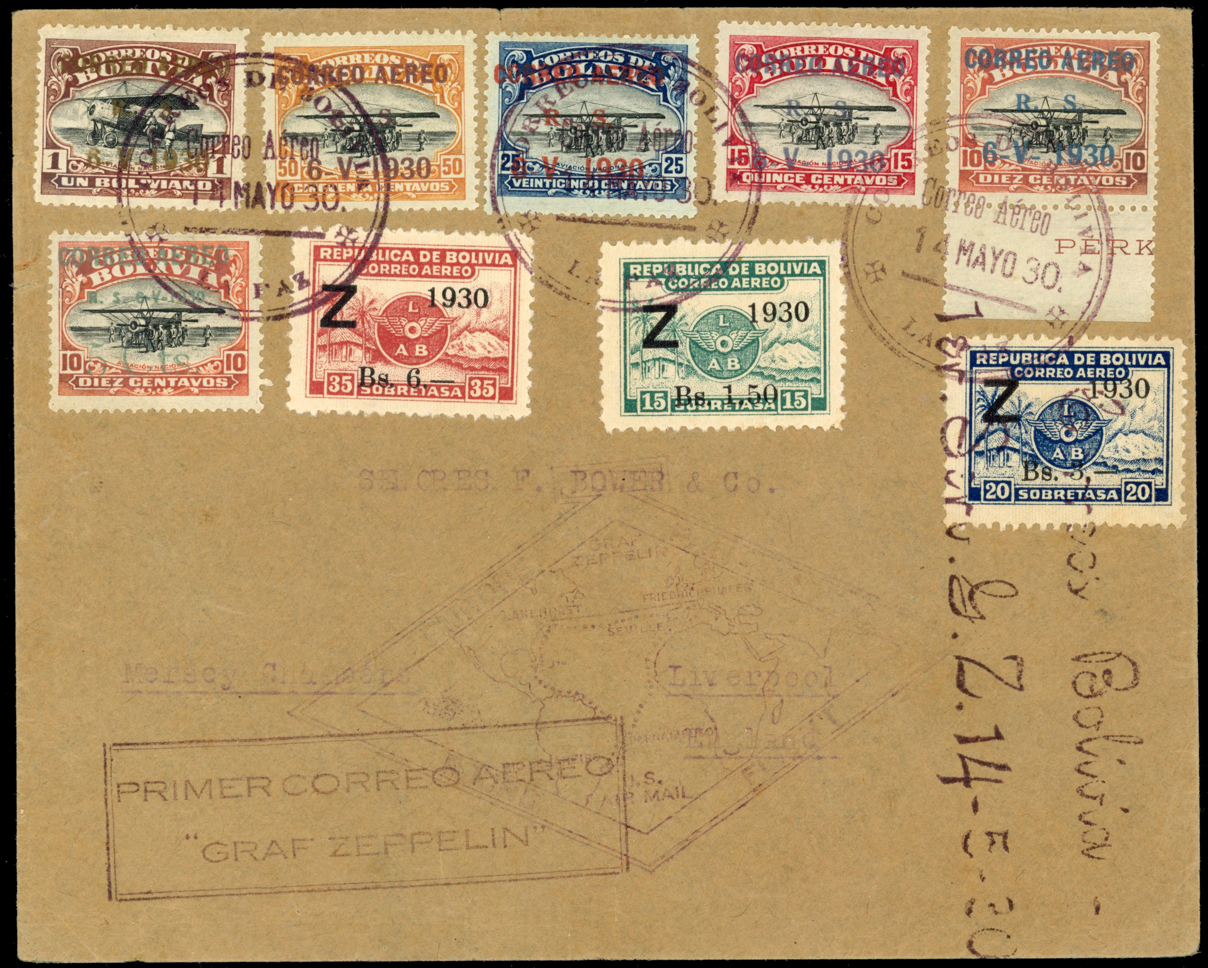 Bolivia 1930 (14 May) First Graf Zeppelin Flight cover to Liverpool
