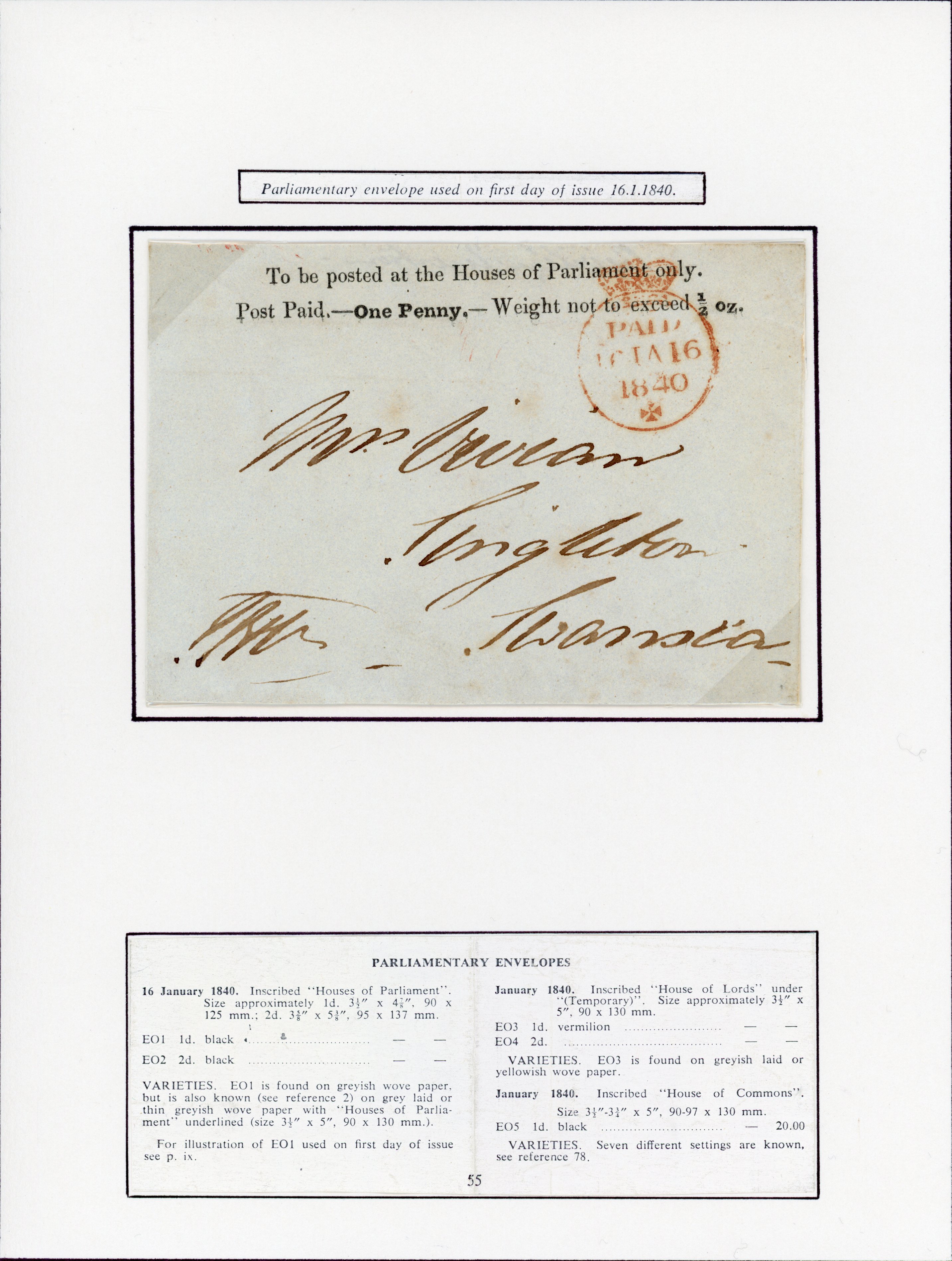 1840 1d "Houses of Parliament" Envelope (PE1). Wonderful front USED ON FIRST DAY