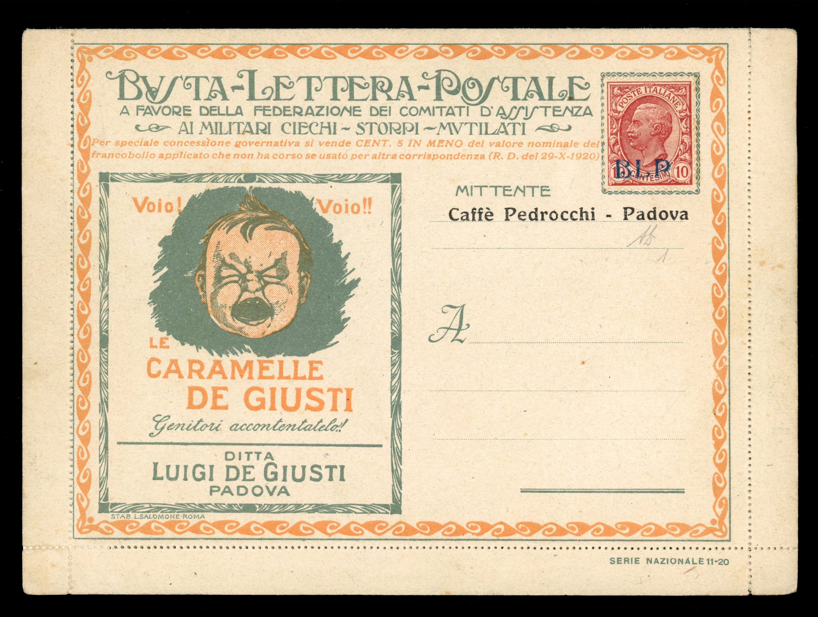 Italy B.L.P. 1921 first issue 10c on complete letter sheet unused