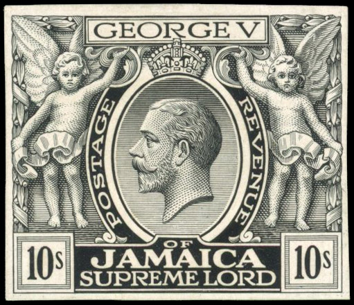 Jamaica 1919-21 10s stamp-size die proof in black on glazed wove, SG 89var