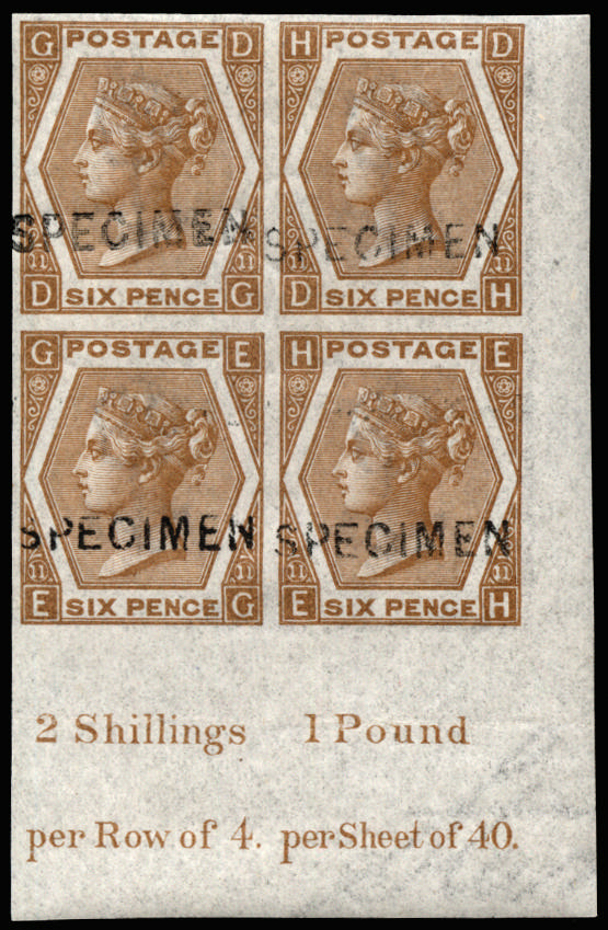 Great Britain 1872 6d Chestnut Pl.11. Superb unmounted o.g. bottom corner marginal imperforate block of four overp…