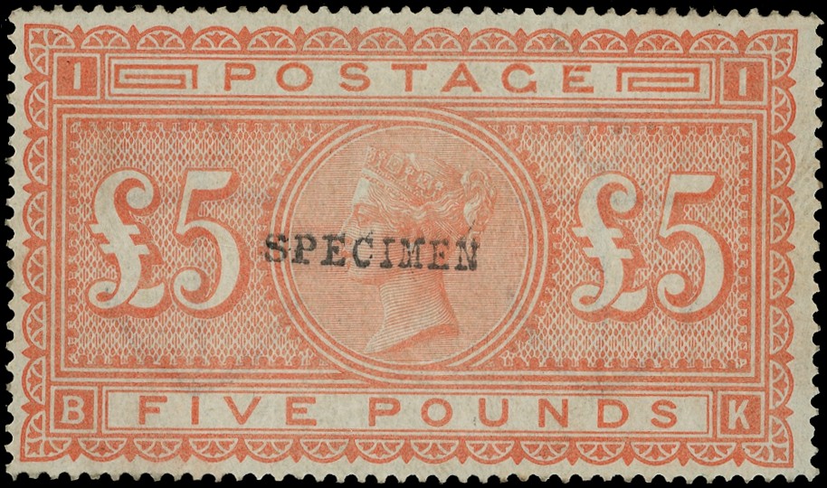 GB 1867-83 £5 orange, white paper overprinted...