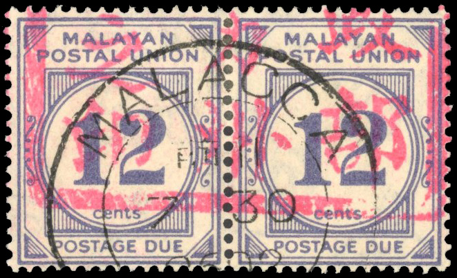 Malaya Japanese Occupation SG JD15 1942 MPU postage due 12c pair with part Malacca seal