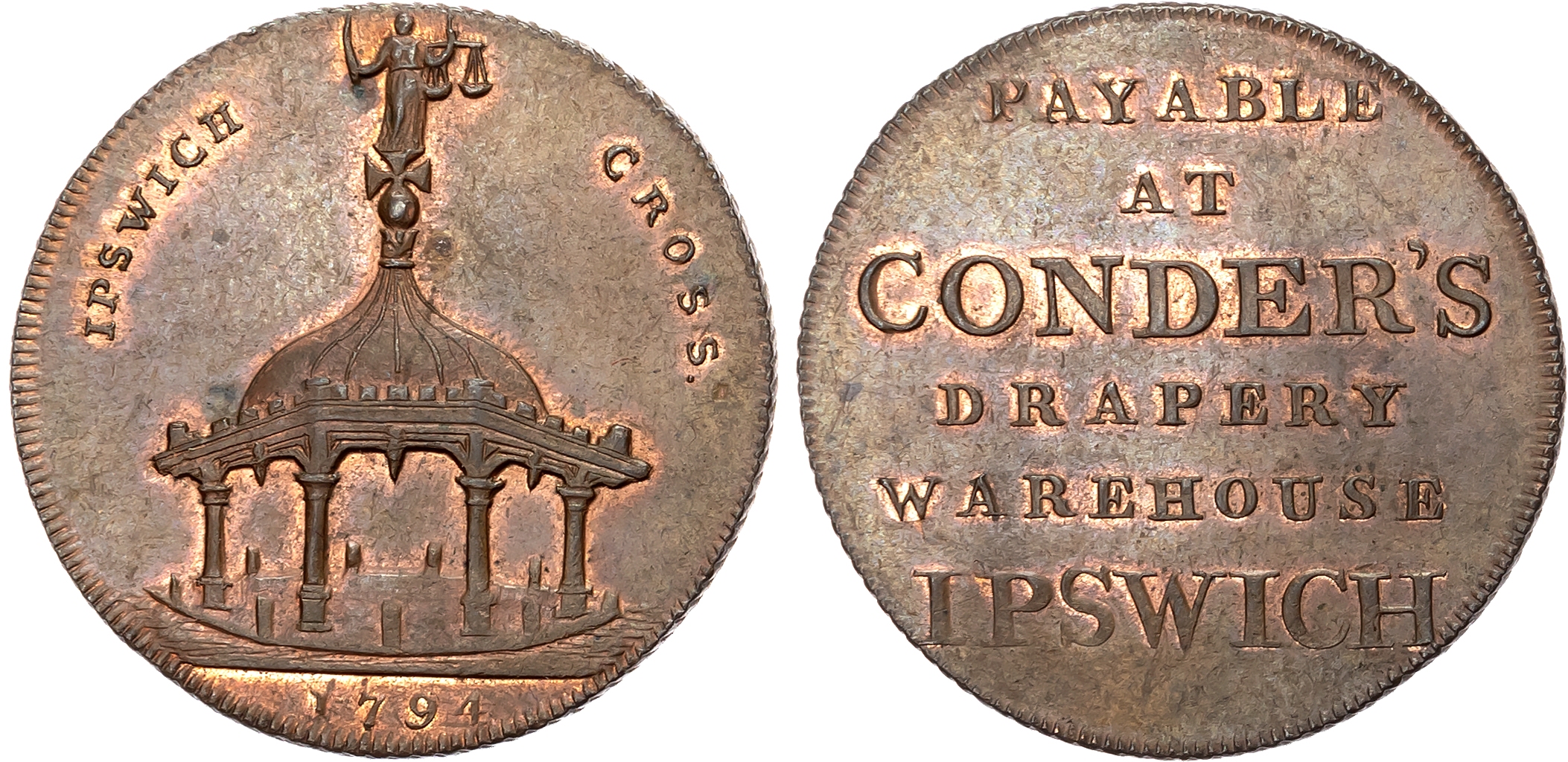 Suff. Ipswich, James Conder, (linendraper) Halfpenny, 1794, Market cross, rev. PAYABLE AT CONDER’S, etc, edge grained, 3 …